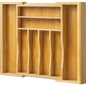 Bamboo Kitchen Drawer Organizer, Expandable Cutlery Tray Utensil Organizer with Grooved Silverware Drawer for Flatware Silverware in Kitchen 8 Slot, Natural, 11.6"-18.9"W, 14.96"H, 1.97"D