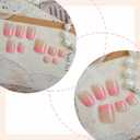 BABALAL 48Pcs Square Nails press on Short & Press on Toenails Set Glossy Glue on Pink Fake Nails French Tip Acrylic Kit Summer False Toe Nail with Design Glossy Kit