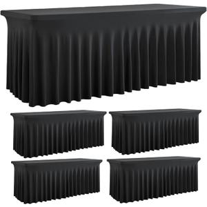 Outpain Spandex Tablecloth for 6 Foot Rectangle Tables, 4 Pack Black Fitted Table Cloths 6ft Stretchy Banquet Table Clothes Cover Desk Skirt for Birthday Wedding Parties Baby Shower