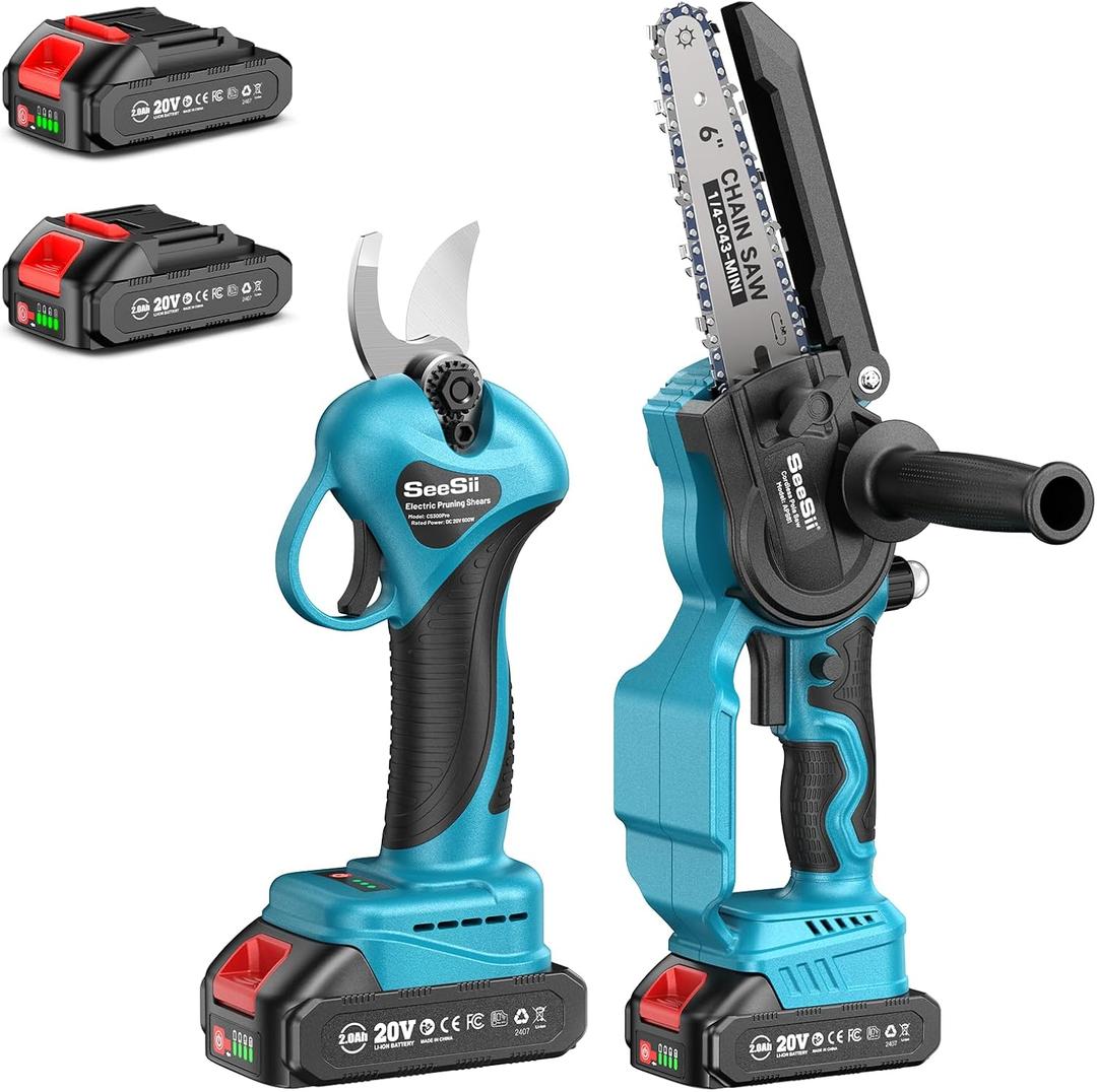 SEESII Mini Chainsaw & Pruning Shears: 6" Electric Saw Brushless & 1.3" Pruner with 22.0Ah Batteries, Cordless Combo for Wood Cutting/Branch Trimming, Gardening Tools for Dad Men Husband