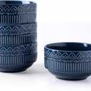 AmorArc Ceramic Small Bowls Set of 4, 16oz Stackable Bowls Set for Icecream Soup Snacks, Dishwasher&Microwace Safe Stylish Bowls with Embossed Patterns, Navy Blue