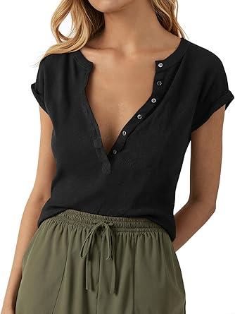 Tankaneo Women Deep V Neck Low Cut Tops Casual Ribbed Knit Henley T-Shirts Summer Short Sleeve Tees M