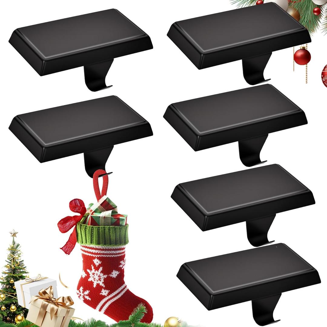 Christmas Stocking Holders for Mantle Set of 6, Heavy Duty Metal Stocking Hooks, Non-Slip Base Stocking Hangers for Xmas Holiday Decorations, Fireplace Christmas Decor Hooks for Home (Black)