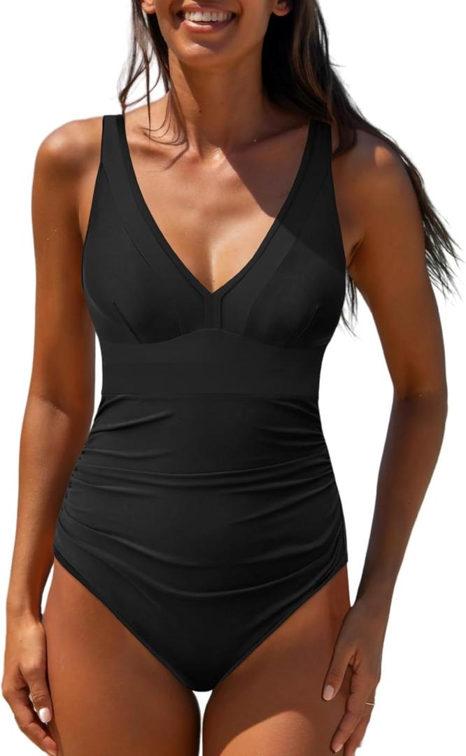 popvil One Piece Swimsuit Women 2025 Tummy Control Neon Color Block Bathing Suit Deep Vneck Tie Back Swim Suits Beach (Large, Solid Black)