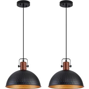 12 Inch Black Pendant Lights Hammered Matte Pendant Lights for Kitchen Island Industrial Farmhouse Adjustable Height Dome Hanging Light Fixtures for Barn, Dining Room 2 Packs