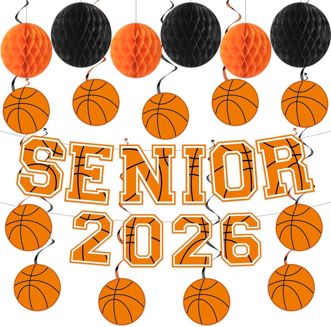 Basketball Senior Night 2026 Party Decor Senior 2026 Sport Theme Banner with Honeycomb Balls Basketball Photo Backdrop Sport Graduation Hanging Ornaments for High School College Graduation Supplies