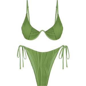 ZAFUL Womens Bikini Sets Underwire Sexy Two Piece Swimsuits Ribbed Bathing Suit High Cut Thong Back Clasp Swimwear Green L