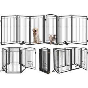 Metal Freestanding Dog Gate with Cat Door for Indoor&Outdoor,120" Extra Wide Foldable Pet Gate,36" Tall Foldable Indoor Dog Fence for Wide Openings Stairs,Deck,Yard,Doorways(6 Panels, Black)