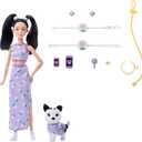 Barbie Twinning Looks Doll with Pet Dog in Matching Purple Daisy Clothes and Accessories for Both Like Flowers and Belt Bags, Black Hair