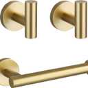 TURS Toilet Paper Holder 2 Towel Hooks Brushed Gold SUS304 Stainless Steel 3-Pieces Bathroom Accessories Kit Wall Mounted