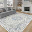 8x10 Washable Neutral Area Rug Blue Vintage Living Room Bedroom Carpet Non-Slip Soft Low Pile Farmhouse Indoor Large Throw Rug for Dining Room Office