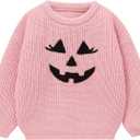 Toddler Girl/Boy Halloween Sweater Pumpkin Smile Embroidery Sweater Knitted Pullover Fall Winter Clothes (Pink)