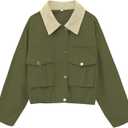 Womens Cropped Jacket Contrast Collar Utility Coat Cargo Jacket Barn Jacket Outwear with Pockets (Small, Armygreen)
