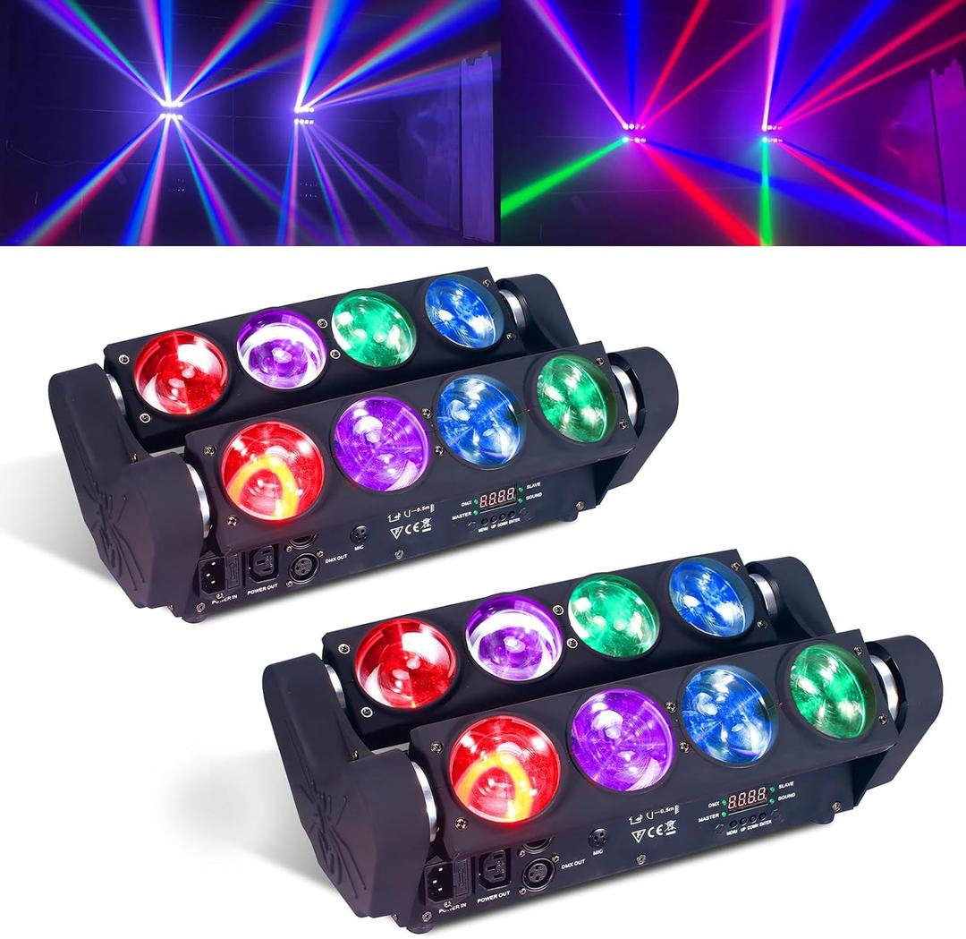 8x15W Spider Moving Head Light LED RGBW 4in1 Portable Stage Light, Strobe Party Beam DJ Lighting DMX 512 & Sound Activated for KTV Disco Party Event 2 Pack