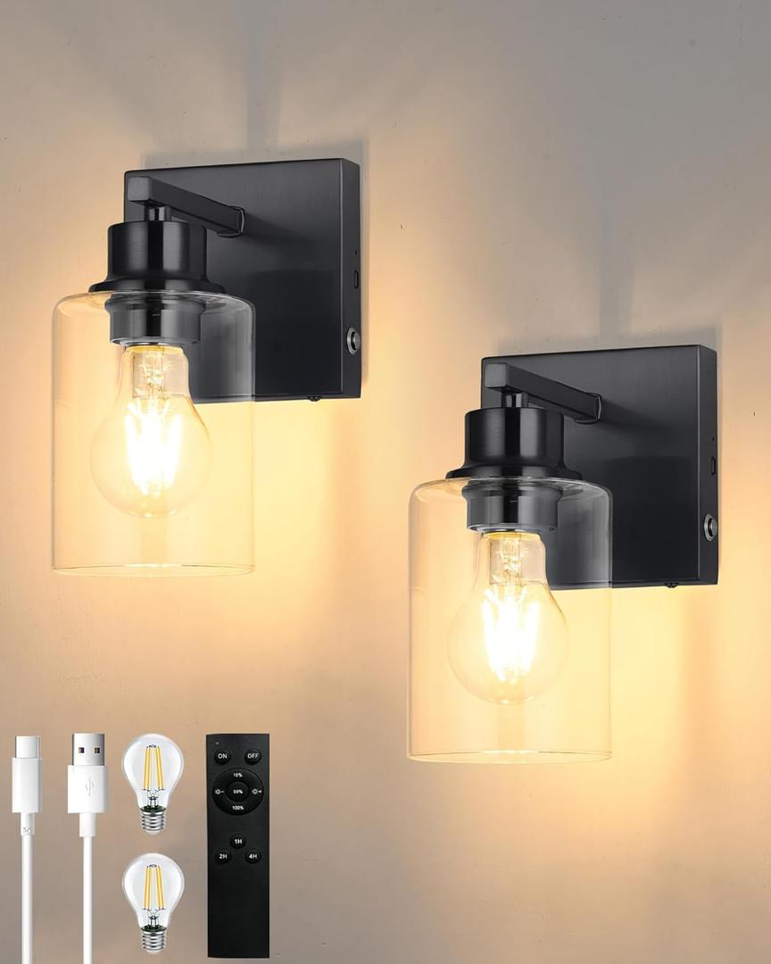 Battery Operated Wall Sconce Set of 2, Black Rechargeable Wall Lights with Timer Function, Easy Install Dimmable Wireless Wall Lamps Sconces Wall Decor for Living Room Bedroom Hallway, Emergency 3000K