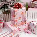 Burymento Christmas Wrapping Paper, Reversible Pink Christmas Tree, HO Santa Laughter, Snowflake, Reindeer, Design Gift Wrapping Paper Suitable for Holiday, Mini Roll (17 Inch X 120 Inch)