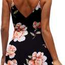 CASURESS Women Dress Summer V Neck Mini Floral Print Swing Dress Sleeveless Spaghetti Strap Skater Dresses with Belt (Black, M)