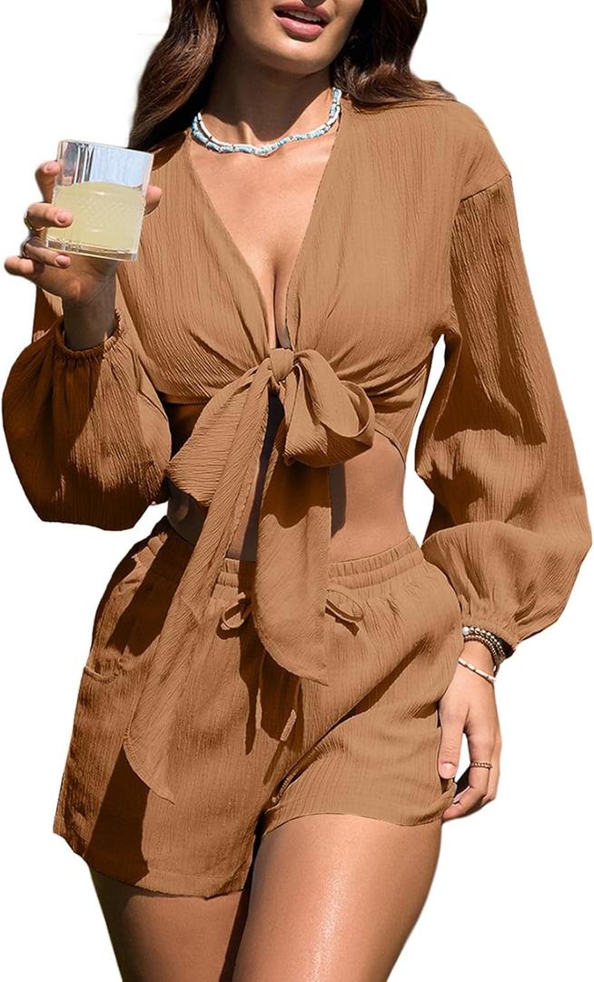 Herseas Women's Swimsuit Coverup Self Tie Blouse Shorts Set Bikini Cover Up Beach Outfit (Brown, XXL)