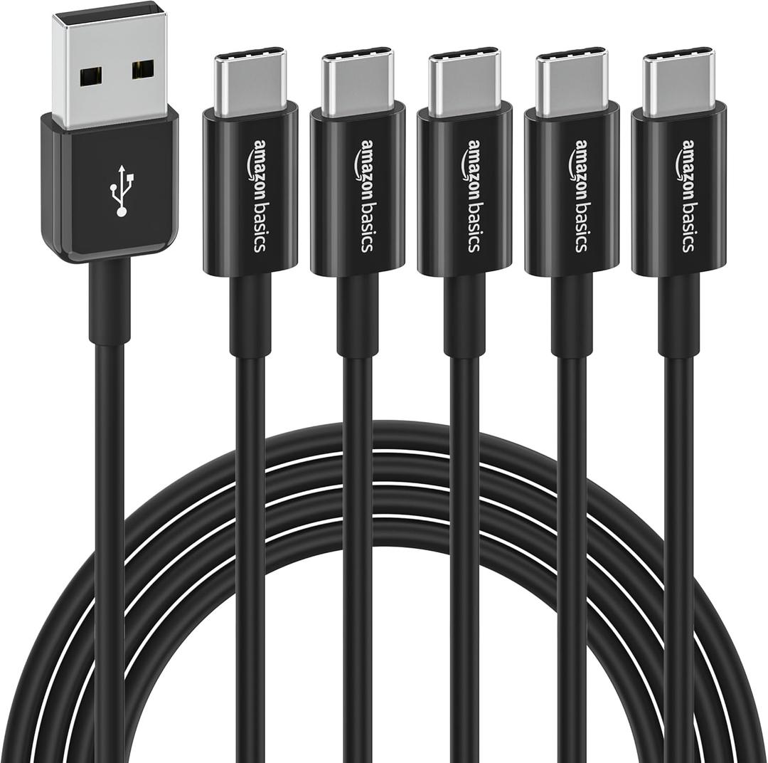 Amazon Basics 5-Pack USB-C to USB-A 2.0 Fast Charger Cable, 480Mbps Speed, USB-IF Certified, for Apple iPhone 16/15, iPad, Samsung Galaxy, Laptops, 6 foot, Black