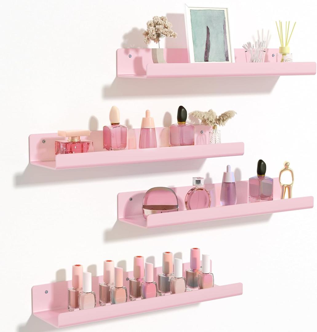 Upsimples Acrylic Shelves for Wall Decor, 15" Display Shelf Perfume Organizer for Bathroom, Bedroom, Living Room, Floating Bookshelves for Kids, Pink, 4 Pack, 15x4"