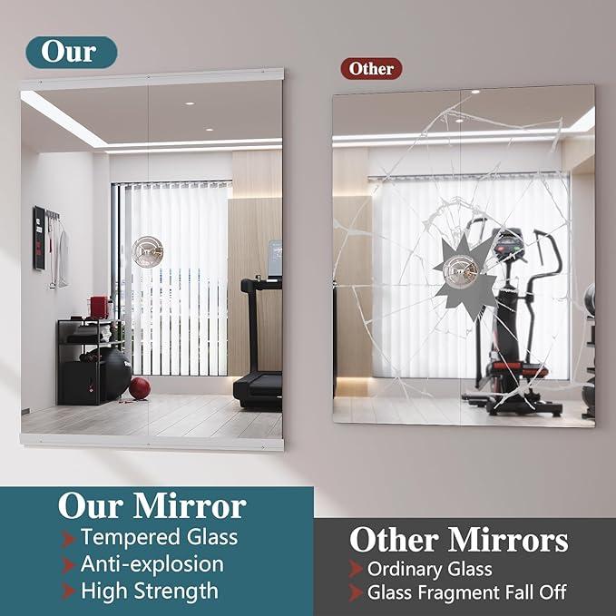 JIINGYO Home Gym Mirror, 48x18 Inch(Each)-2Pcs, Frameless Large Full Body Mirror, Tempered Glass Mirror Full Length Wall Mounted Mirrors for Gym, Yoga Studio, Dressing Room, Bedroom, Dancing Studio