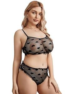 SOLY HUX Women's Mesh Sheer See Through Lingerie Set Sexy Lace Bra and Panty 2 Piece Black Heart 3X-Large Plus