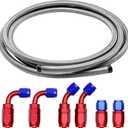 12FT 6AN Fuel Line Hose AN6 3/8" Silver Stainless Steel Braided CPE Tube Oil Fuel Gas Hose w/ 6 pcs Fitting Connectors Red & Blue