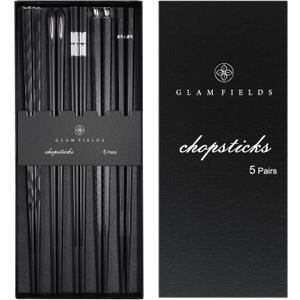 GLAMFIELDS 5 Pairs Premium Chopsticks Reusable Dishwasher Safe 9.5 Inch Fiberglass Chop Sticks Gift Set Non Slip Black + Silver