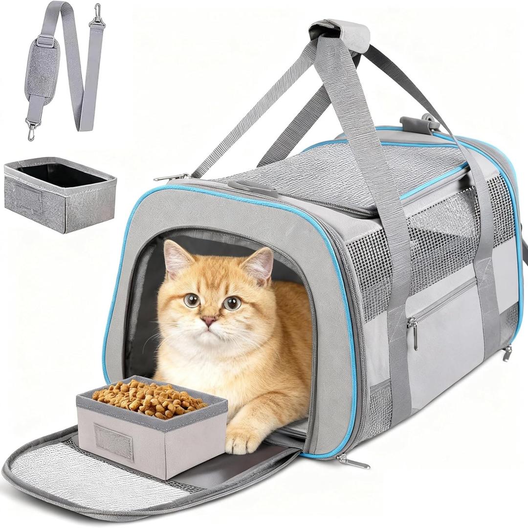 Heavy Duty 20 Inch Cat Carrier with Double Doors, Collapsible Airline Approved Pet Crate for Large Cats, Easy-Clean Travel Kennel for Car, Vet, Airport, Home Use, Light Grey