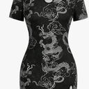 SOLY HUX Women's Chinese Cheongsam Short Sleeve Dragon Print Dress Mini Bodycon Evening Dresses (Medium)