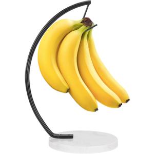 Livabber Banana Holder with Marble Base, Metal Banana Hanger Modern Tree Stand with Hook, Stylish Banana Keeper Fresh Fruit Storage Organizer Freestanding for Kitchen Countertop (Black, Single Hook)