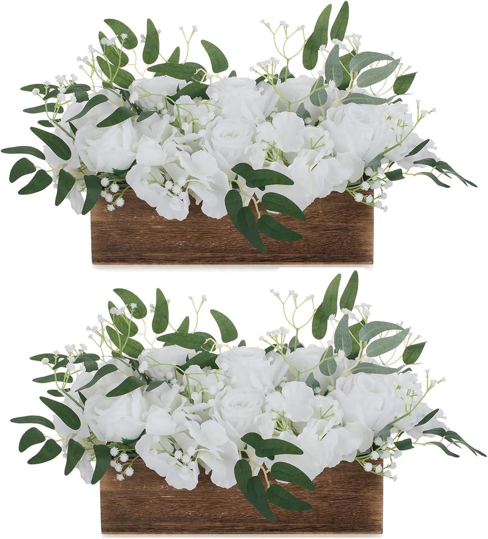 BLOSMON Wood Centerpieces for Tables with Artificial Flower 2 Pcs White Fake Flower in Farmhouse Long Wooden Rectangle Box - Rose Babys Breath Floral Arrangements Dining Living Room Decor