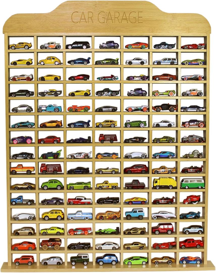 Car Garage Toy Shelf Display - Wall Mount for 1/64 Diecast Toy Cars - Wooden Wheels Shelf - Gift for Collectibles - Wall-Mounted Toy Car Storage Cabinet (105 Cars)