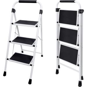 DUMOS Step Ladder, 3 Sturdy Step Stool with Anti-Slip Pedal & Comfortable Handrail, Portable Heavy Duty Step Stool for Kitchen, Garage & Outdoor Use, 330lbs, Black