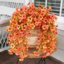 HyeFlora Artificial Flowers for Outdoors Fall Decoration, 2Pcs Fall Orange Yellow Hanging Flowers with Autumn Eucalyptus Leaves Faux Silk Flower Decor for Home Porch Patio Balcony Planter Yard