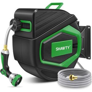 SHAWTY Retractable Garden Hose Reel 100FT 1/2" - 4-Layer Hose with Metal Bracket, Auto-Lock Slow Retraction, Outdoor Water Hose Reel for Yard & Garden - Nozzle Included (Green, 1/2" 100ft)