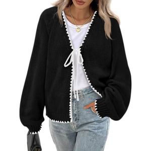 PRETTYGARDEN Womens Fall Cardigan Sweaters 2026 Long Sleeve Open Front Tie Knit Loose Cute Lightweight Sweater (Small, Black)