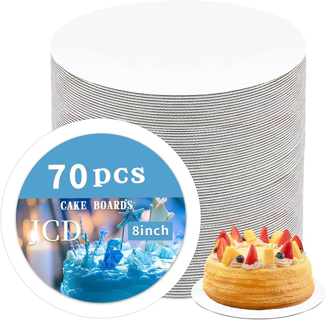 JCD 70 Packs Cake Trays, 8inch Round Cake Board, Waxed Greaseproof Finish Cake Base,Sturdy Corrugated Cake Board,Thinner But Stronger-White (White, 8inch/70Pcs)