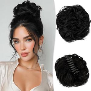 RUWISS Claw Clip Messy Bun Hair Piece Real Human Hair Buns Wavy Curly Chignon Hair Bun Extensions Tousled Updo Claw Clip Ponytail Hairpieces (Black) (40g)