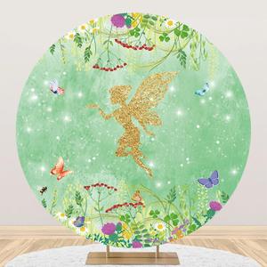 Renaiss 7x7ft Enchanted Fairy Round Backdrop Cover Wildflower Butterfly Princess Gold Glittering Faerie Green Circle Photography Background Baby Shower Birthday Girl Party Decor Photo Booth Props