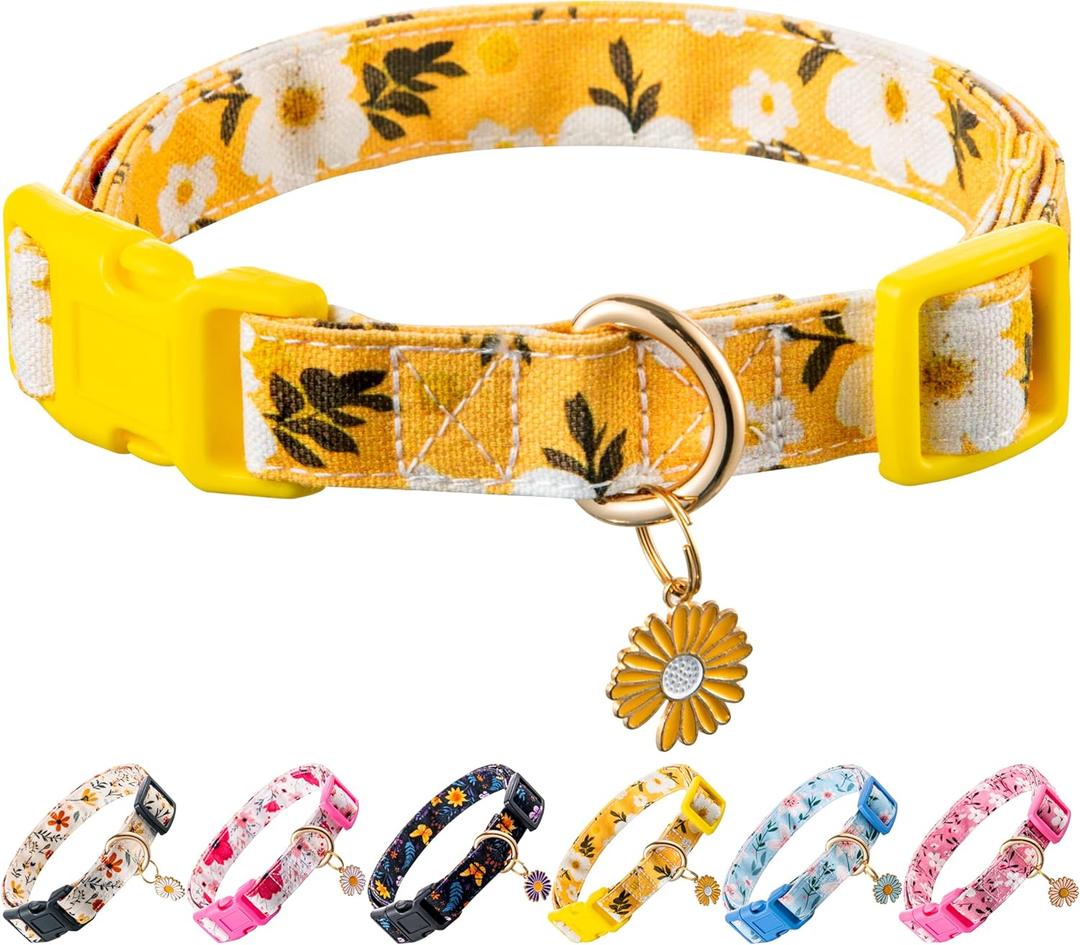 Cotton Dog Collar Yellow Flower Pattern for Boys and Girls Cute Dog Collars Summer Fall Gift Adjustable for Small to Medium Breed Dogs (XS)