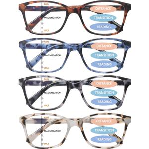4 Pack Progressive Multifocus Reading Glasses for Women Men Spring Hinge Blue Light Blocking Readers (Multicolor-1)