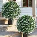 DREAMLOOM Topiary Trees Artificial Outdoor Ball in Planter, 20in Outdoor Indoor Realistic Fake Plants Shrubs for Front Porch Decor, Faux Bushes Plants for Home Front Door Offices, Set of 2