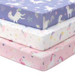 Baby Crib Sheets Girl, 3 Pack Toddler Bed Sheets for 52x28 Standard Toddler Mattresses, Soft Microfiber Fitted Crib Sheets Pink Purple Rainbow