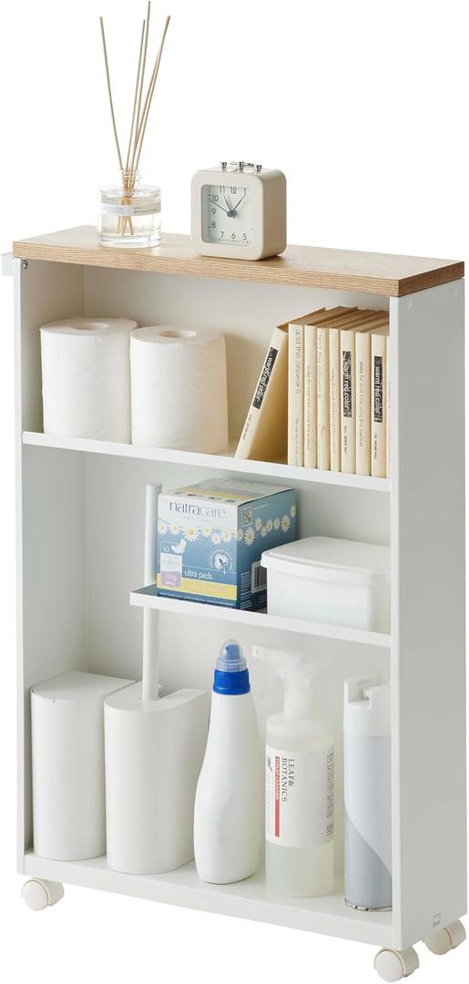 YAMAZAKI Home Slim Rolling Storage Cart Narrow Bathroom Storage Cabinet with Handle, Slim Bathroom Storage Cart with Wheels, Easy Assembly, Steel + Wood, White, 27" - Steel -, One Size