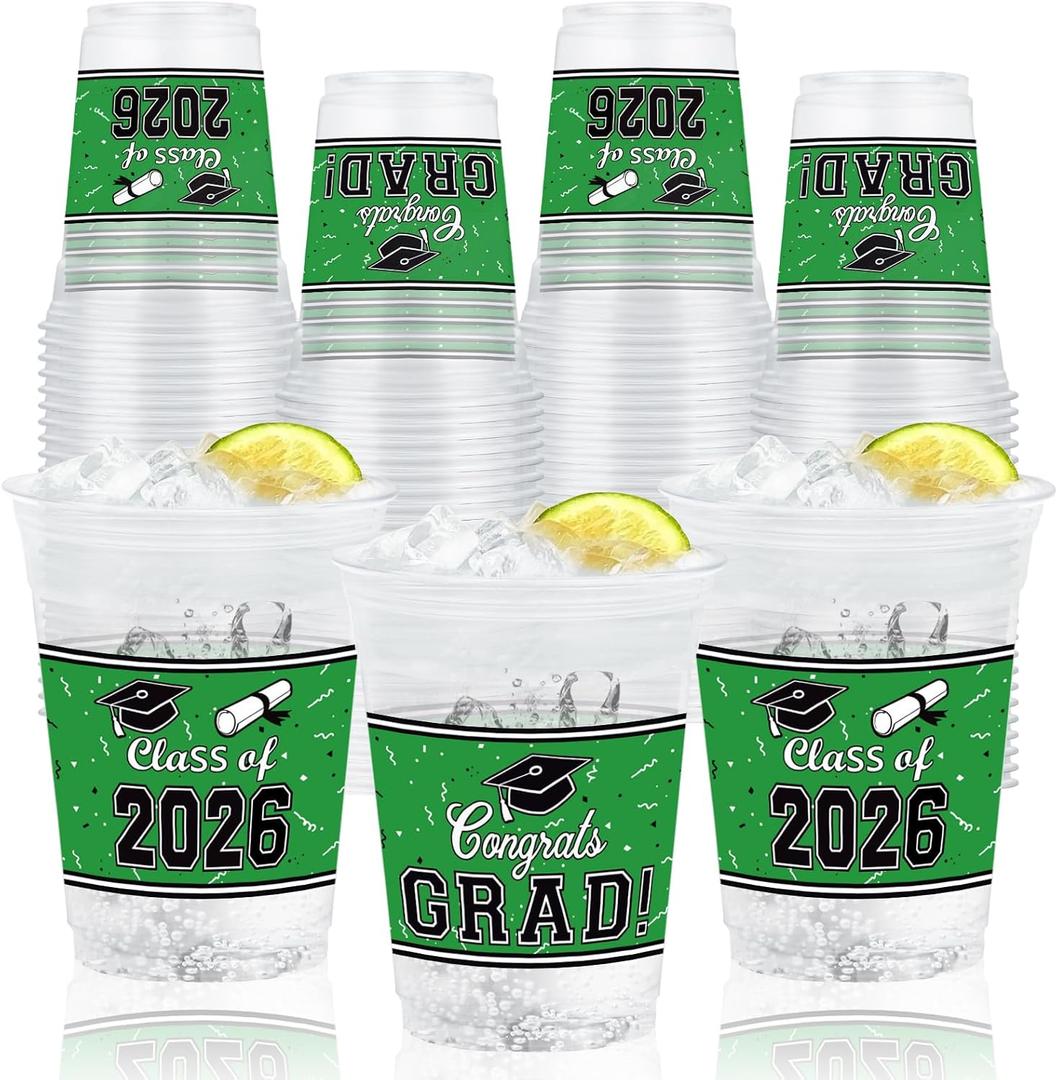 50 Pcs 16 oz Graduation Plastic Cups Double-Sided Printed Disposable Cups with Congrats Grad and Class of 2026 Designs for Graduation Party, School and Home Celebrations (Green)