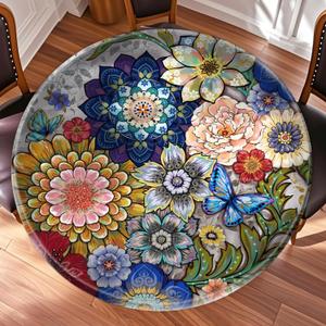 52 Inch Multi Colors Boho Round Table Protector for Kitchen,Floral Table Cloth Round Cover with Elastic EdgeWaterproof Picnic Circle Tablecloth for Dinner, Outdoor, Party, Camping, BBQ (Pattern 10)