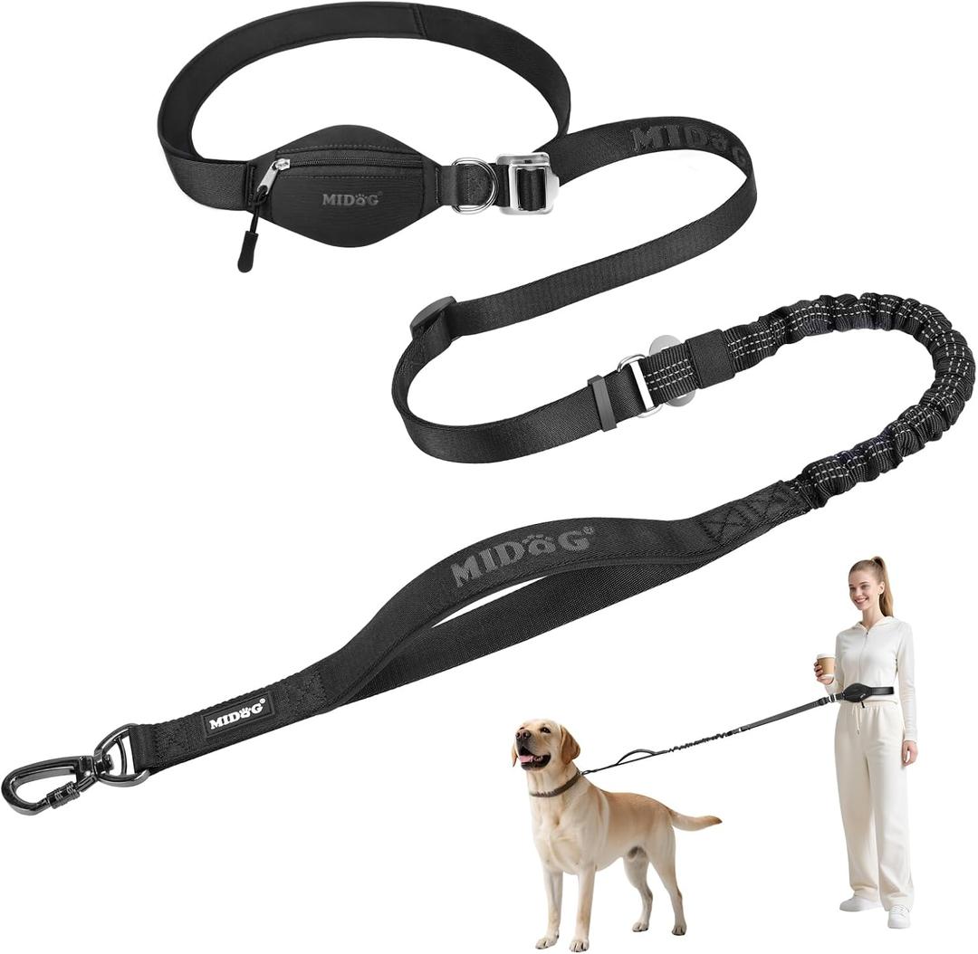 MIDOG Multifunctional Dog Leash Hands Free for Large Dogs - Adjustable Waist Leash with Zipper Pounch& Bungee Cord for Jogging/Running/Walking(4-7FT,Black)