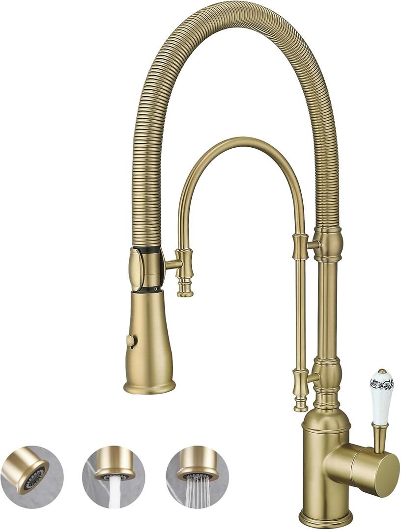 Antique High Arc Classical Single Handle Spring Kitchen Faucet with Pull Down Sprayer, Swiveling Commercial Kitchen Sink Faucets for Farmhouse, Vintage Sink Faucet, Brushed Gold
