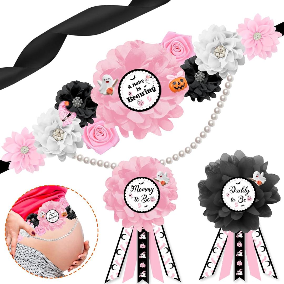 Pink Black Halloween Baby Shower Maternity Sash and Corsage Pin Set, A Baby is Brewing Belly Belt, Mom to Be & Dad to Be Corsage, Pregnancy Gender Reveal Party Photo Props Gift for New Parents
